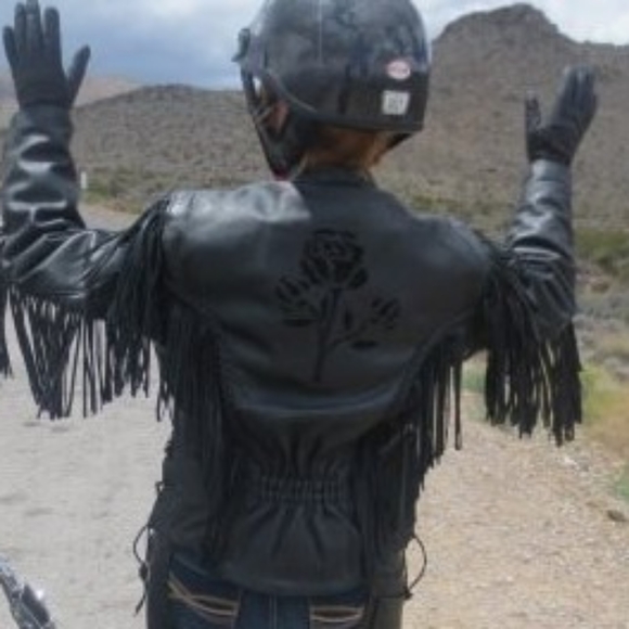 Black Genuine Leather Fringed Jacket w/ Black Rose - Picture 5 of 14